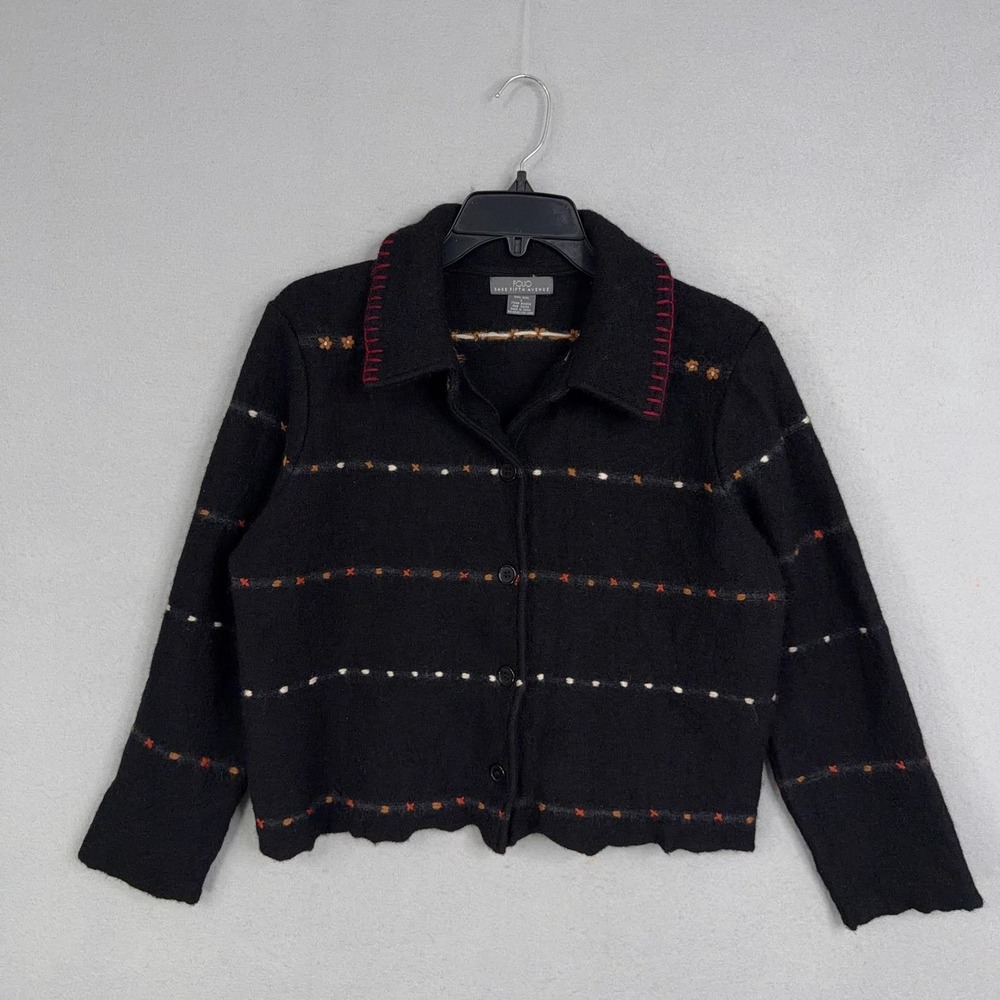 Folio Saks Fifth Avenue Cardigan Womens Small Black Wool Embroidered Sweater